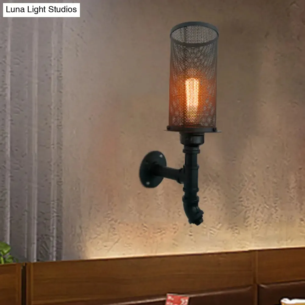 1-Light Industrial Black Wire Mesh Wall Sconce for Bedroom