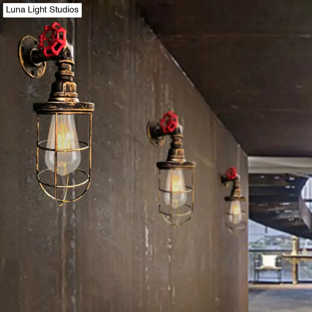 1-Light Industrial Wall Sconce with Cage Metallic Shade in Black/Rust for Corridors