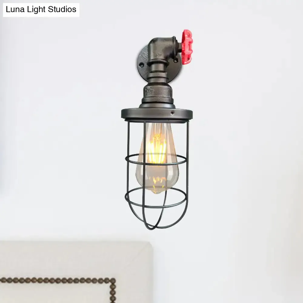 1-Light Industrial Wall Sconce with Cage Metallic Shade in Black/Rust for Corridors