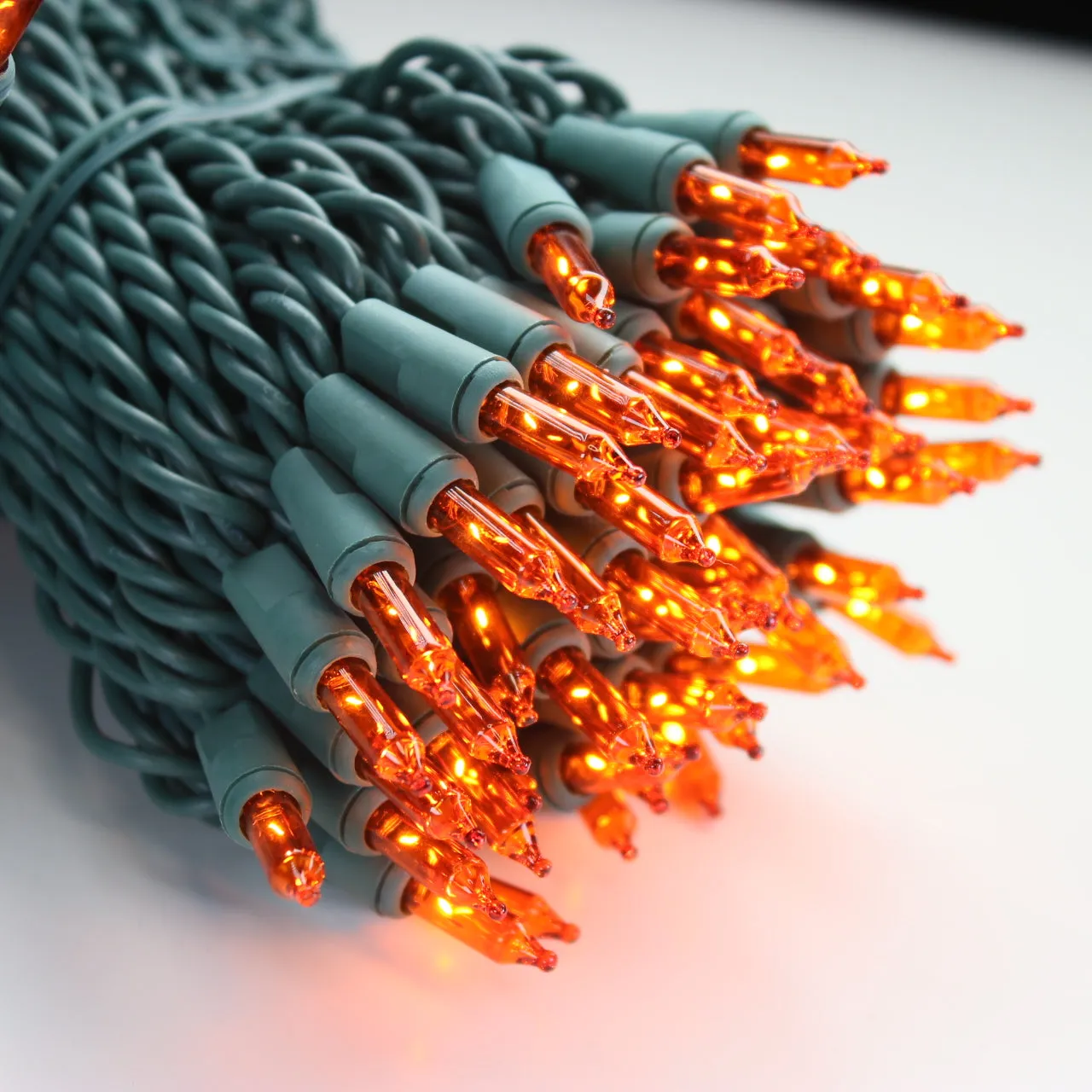 100-bulb Orange Mini Lights, 2.5" Spacing, Green Wire