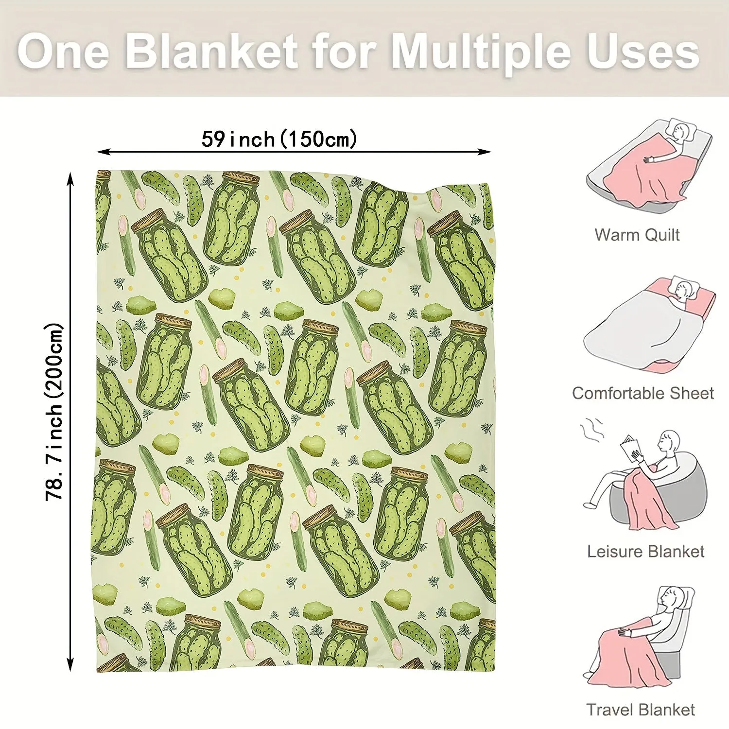 1pc Cozy Cucumber Pickles Bottle Print Flannel Blanket - Ultra Soft, Plush, and Warm Throw Blanket for Travel, Sofa, Bed, Office, and Home Decor - Perfect Birthday and Holiday Gift for Boys, Girls, and Adults, Suitable for All Seasons