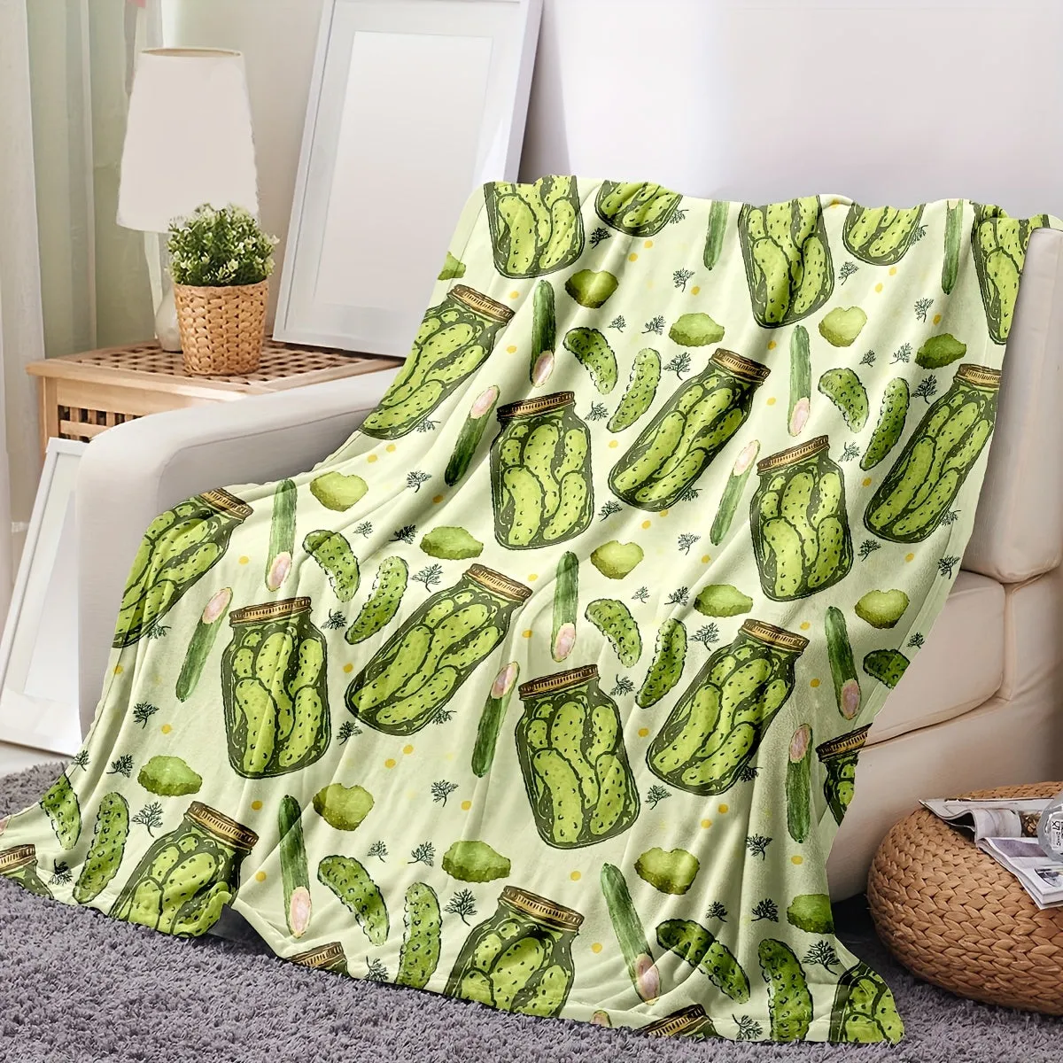 1pc Cozy Cucumber Pickles Bottle Print Flannel Blanket - Ultra Soft, Plush, and Warm Throw Blanket for Travel, Sofa, Bed, Office, and Home Decor - Perfect Birthday and Holiday Gift for Boys, Girls, and Adults, Suitable for All Seasons