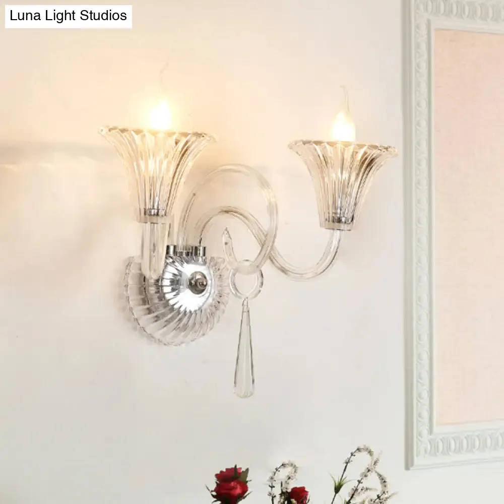 2-Light Modern Flared Wall Lamp with Clear Glass and Crystal Accent