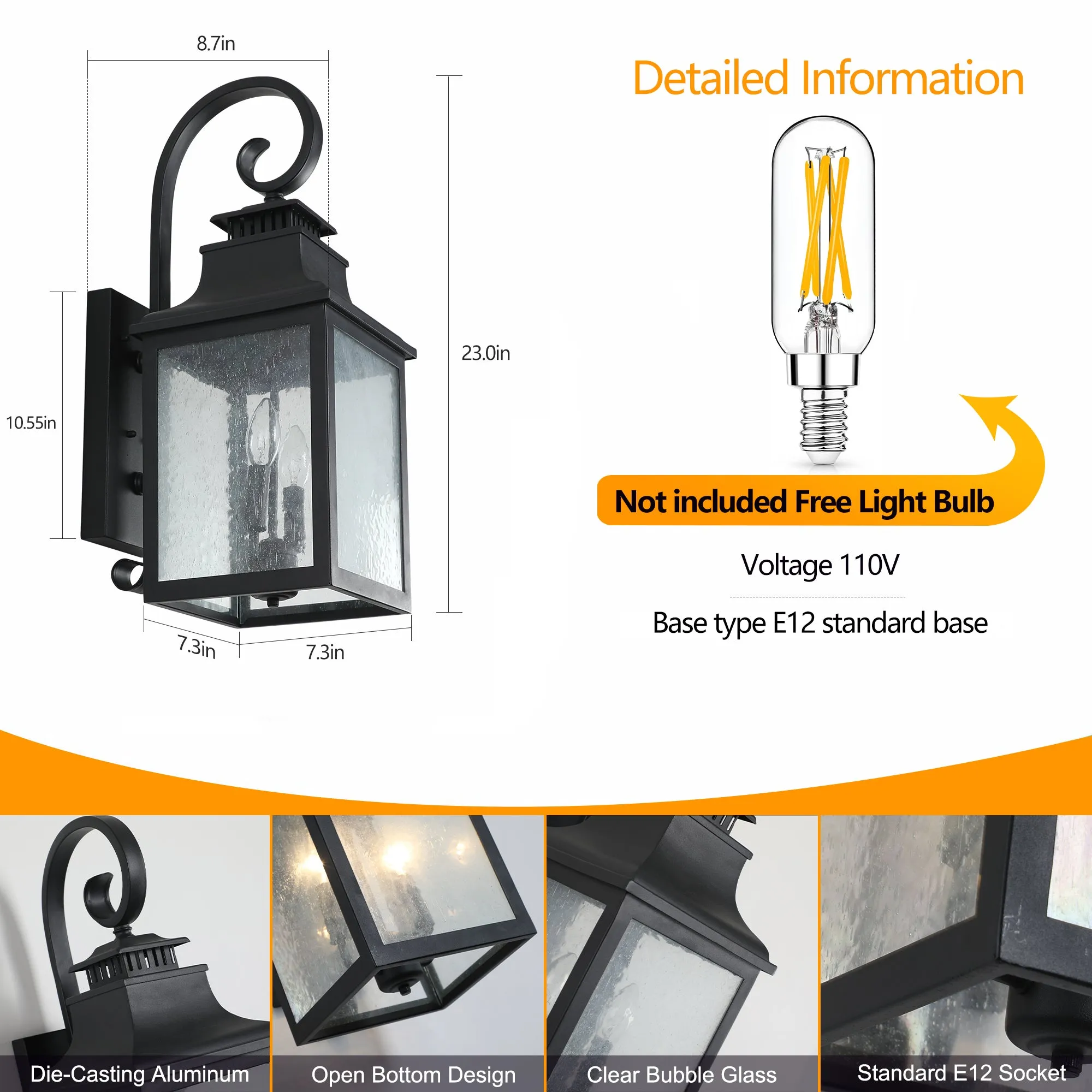 2 Pack Vintage Porch Wall Lights Outdoor Waterproof Glass Wall Lights Lantern Wall Lights