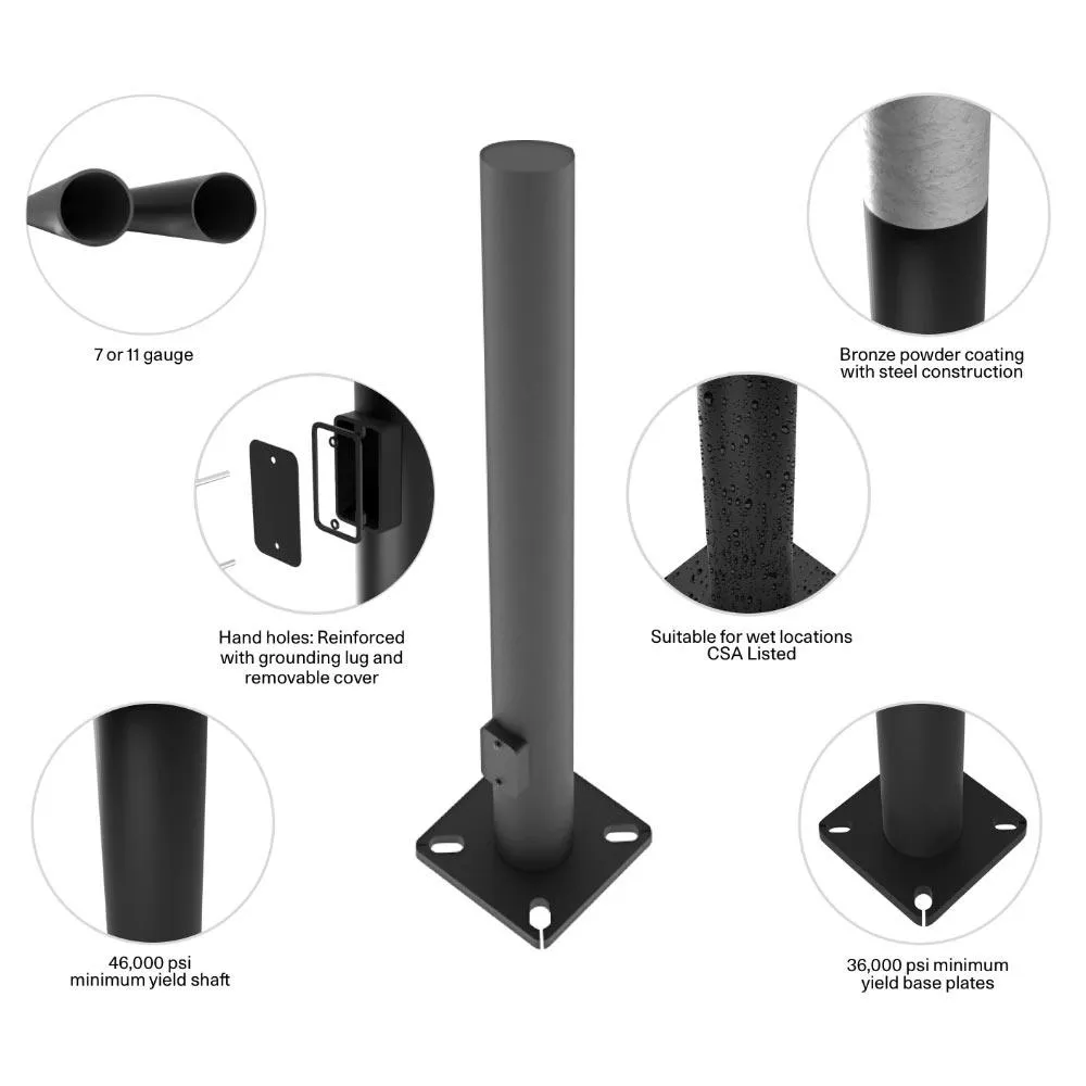 30 ft Light Pole With Base, 4 in Round Shaft, 7 Gauge Thickness, Drilled Tenon, Bronze Finish