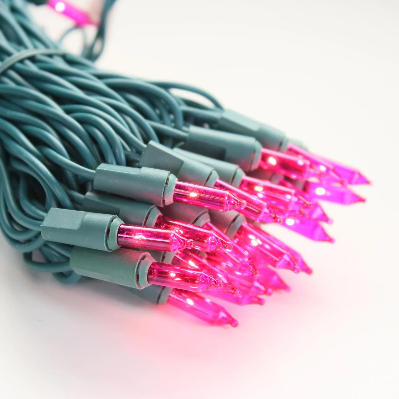 50-bulb Pink Mini Lights, 2.5" Spacing, Green Wire