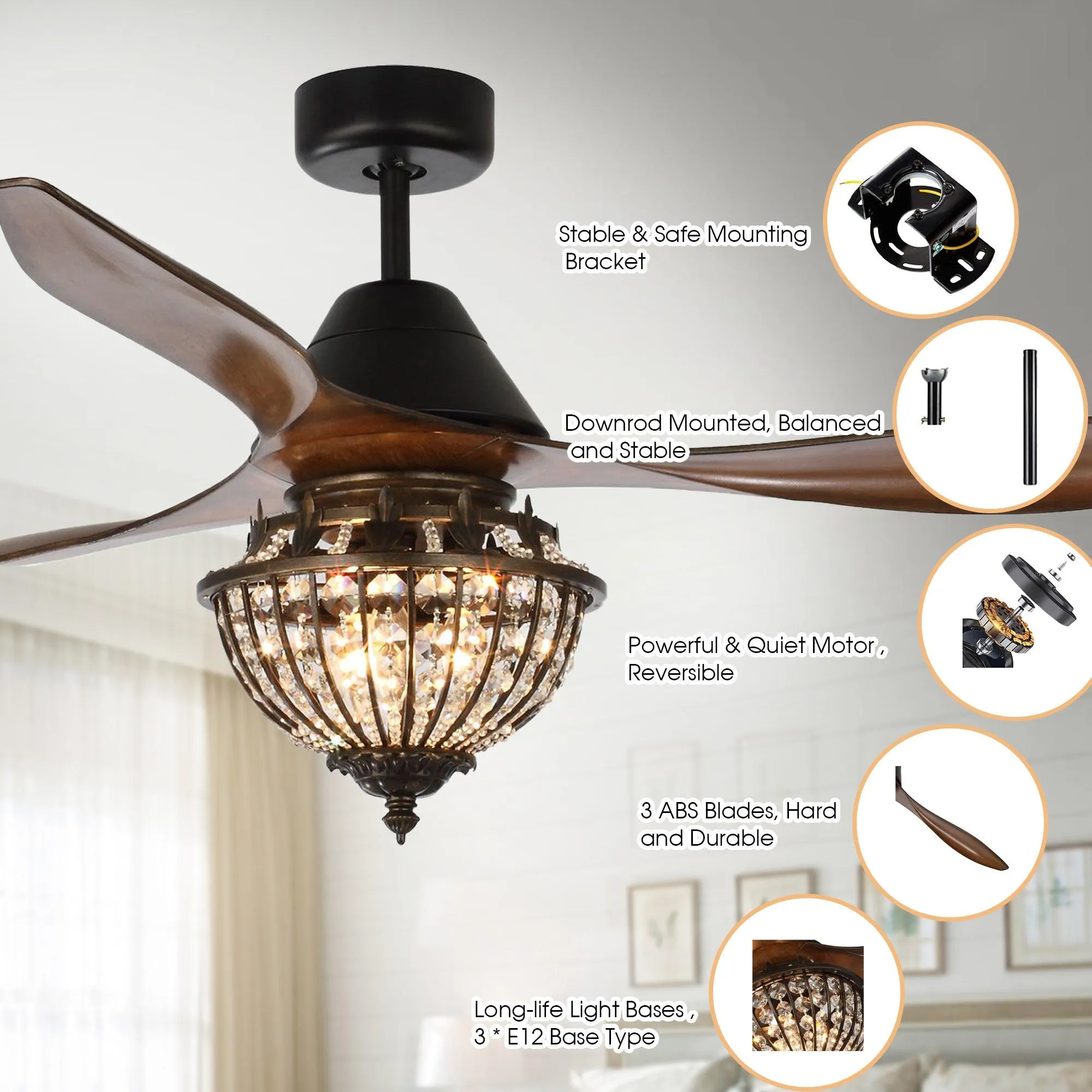 52" Vicky Modern DC Motor Downrod Mount Reversible Ceiling Fan with Lighting and Remote Control