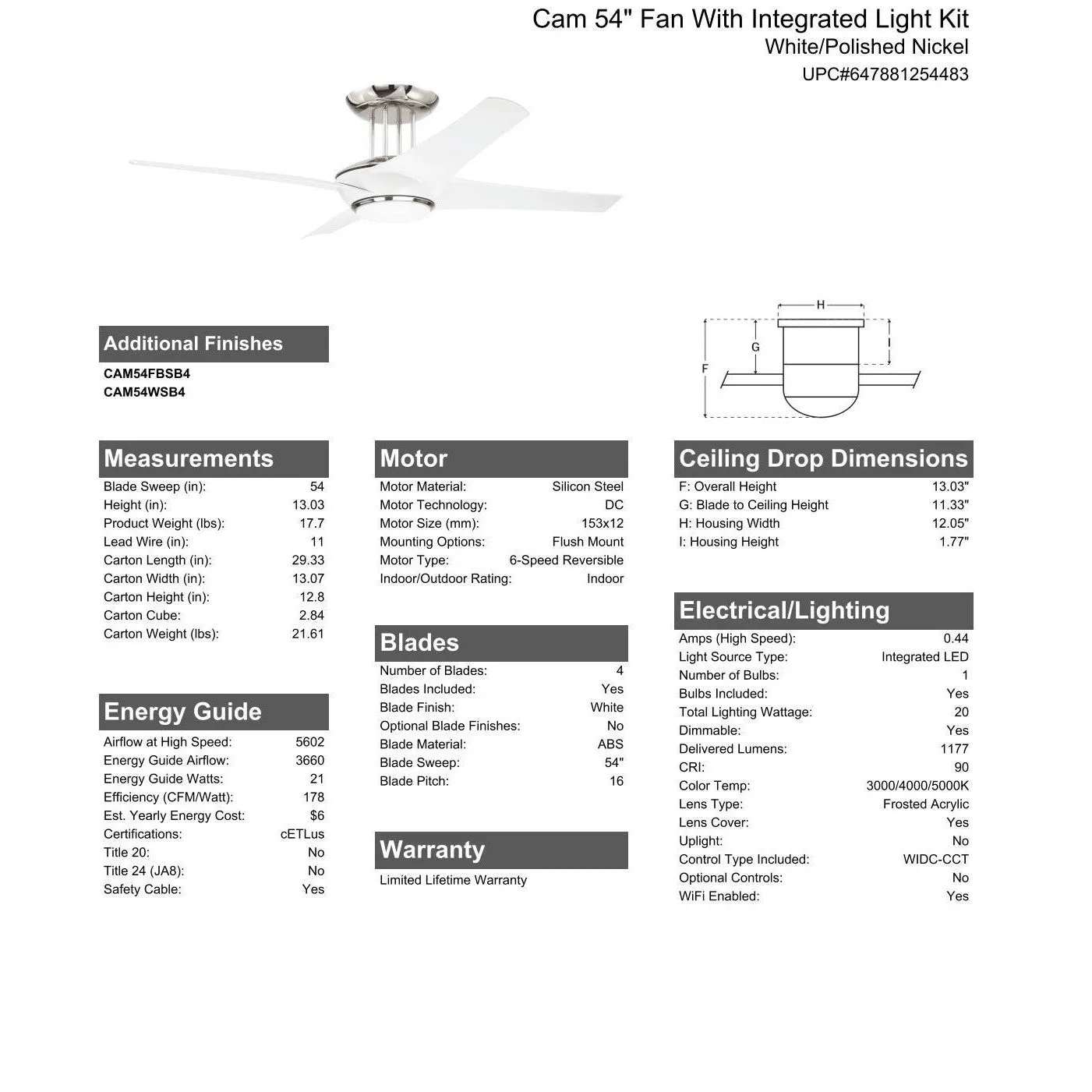 54" Cam in White/Polished Nickel w/ White Blades