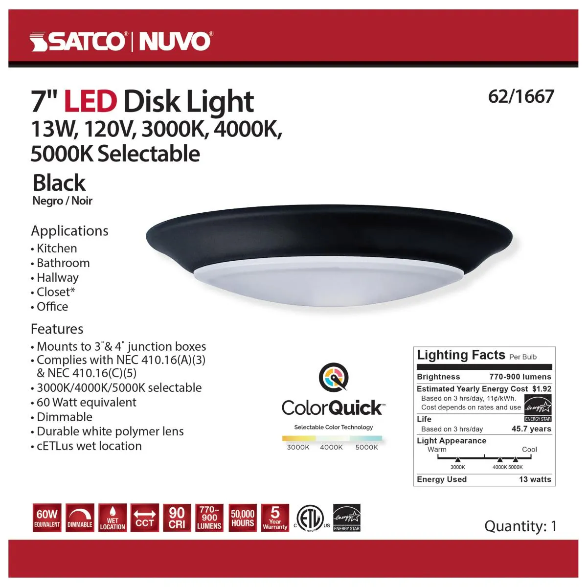 7 inch; LED Disk Light; CCT Selectable 3K/4K/5K; Black Finish