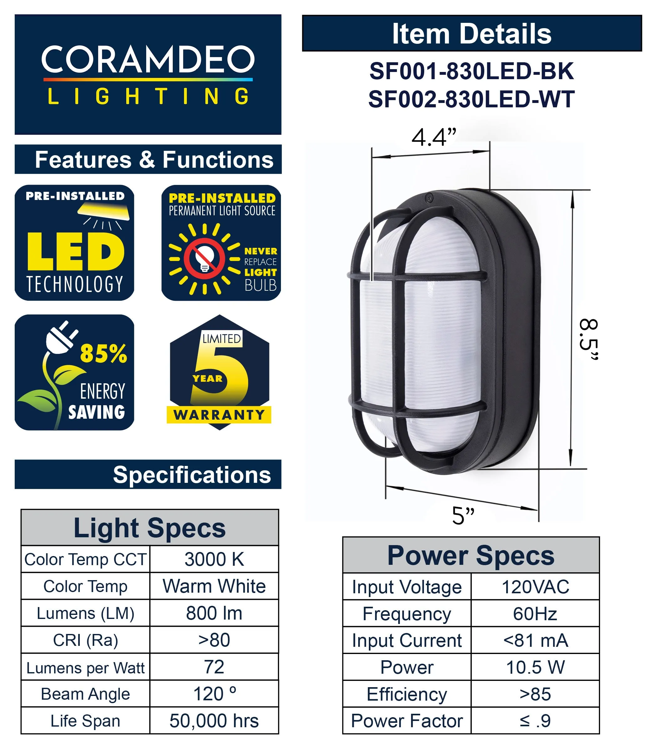 8.5” Oval Integrated LED Nautical Bulkhead, Wall or Ceiling Mount, 800 Lumens, 3K, Frosted Glass, in 3 Finishes