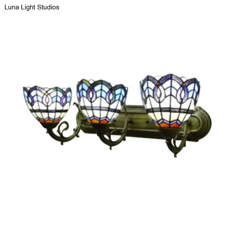 8"/9" Stained Glass Bowl Wall Light - Baroque 3-Light Bathroom Sconce in Blue