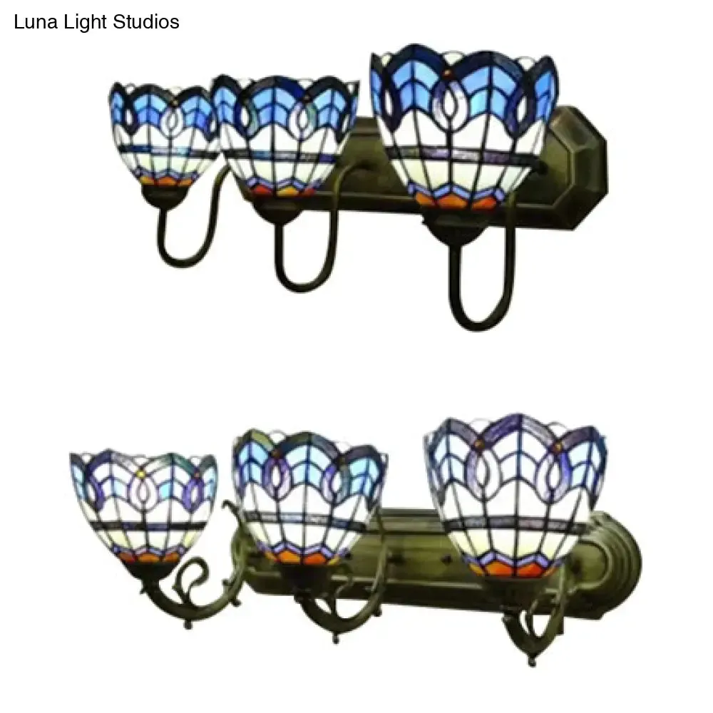 8"/9" Stained Glass Bowl Wall Light - Baroque 3-Light Bathroom Sconce in Blue