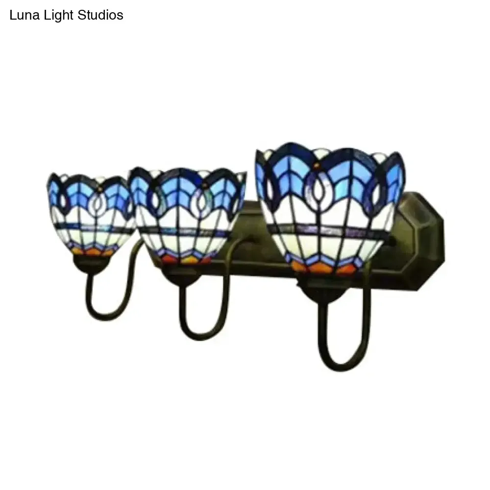 8"/9" Stained Glass Bowl Wall Light - Baroque 3-Light Bathroom Sconce in Blue