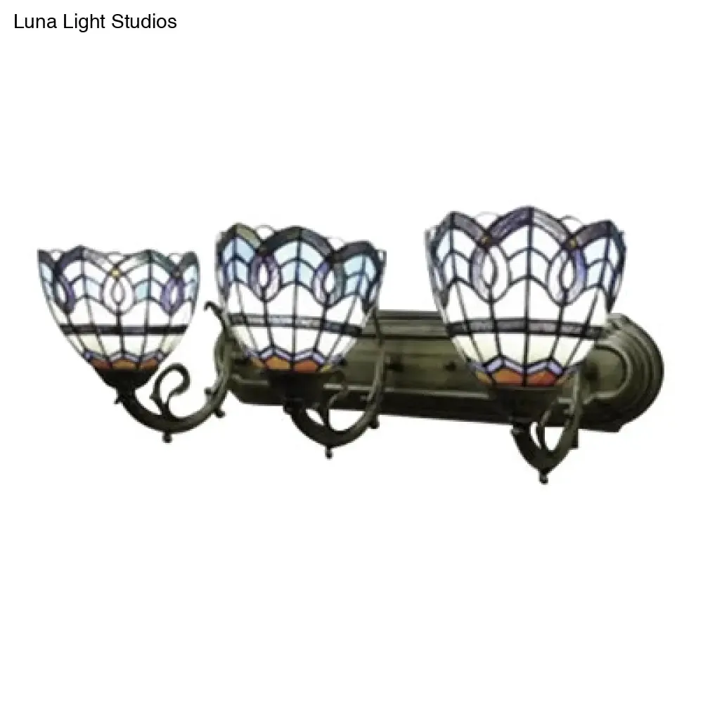 8"/9" Stained Glass Bowl Wall Light - Baroque 3-Light Bathroom Sconce in Blue