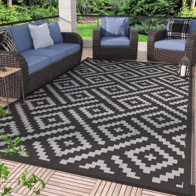 9x12FT Reversible Outdoor Rug - Waterproof, Portable, and Durable - Perfect for Garden, Porch, RV, Camping, and Indoor Use with Easy Cleaning and Fade-Resistant Grey Black Color