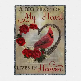 A Big Piece Of My Heart Lives In Heaven Red Rose Cardinal Woven Throw Blanket - Christian Boho Blanket Decor - Religious Woven Throw Blanket Prints