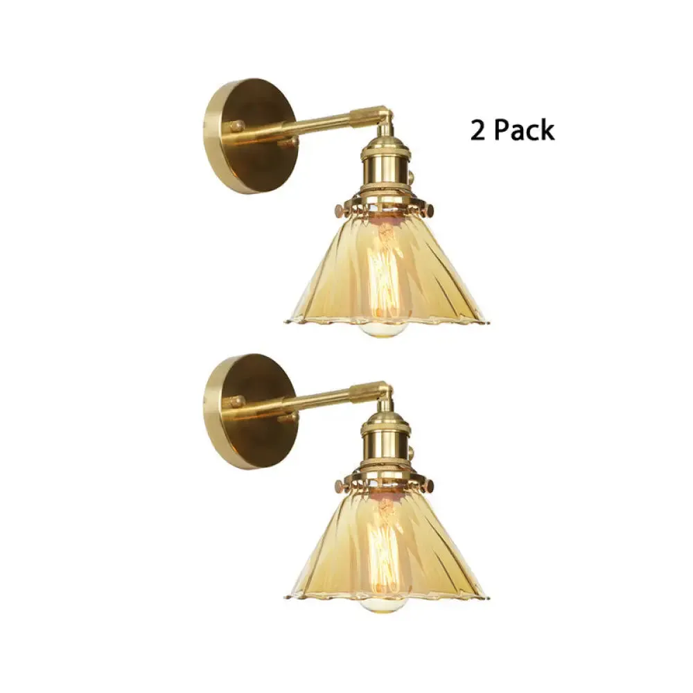 Adjustable Industrial Vintage Cone Wall Lamp with Amber Ruffle Glass - 1 Light Sconce