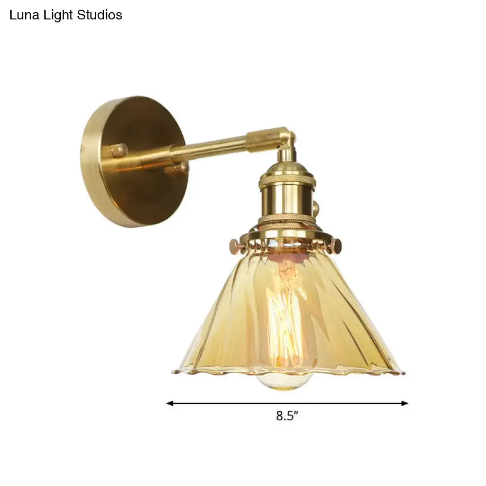 Adjustable Industrial Vintage Cone Wall Lamp with Amber Ruffle Glass - 1 Light Sconce