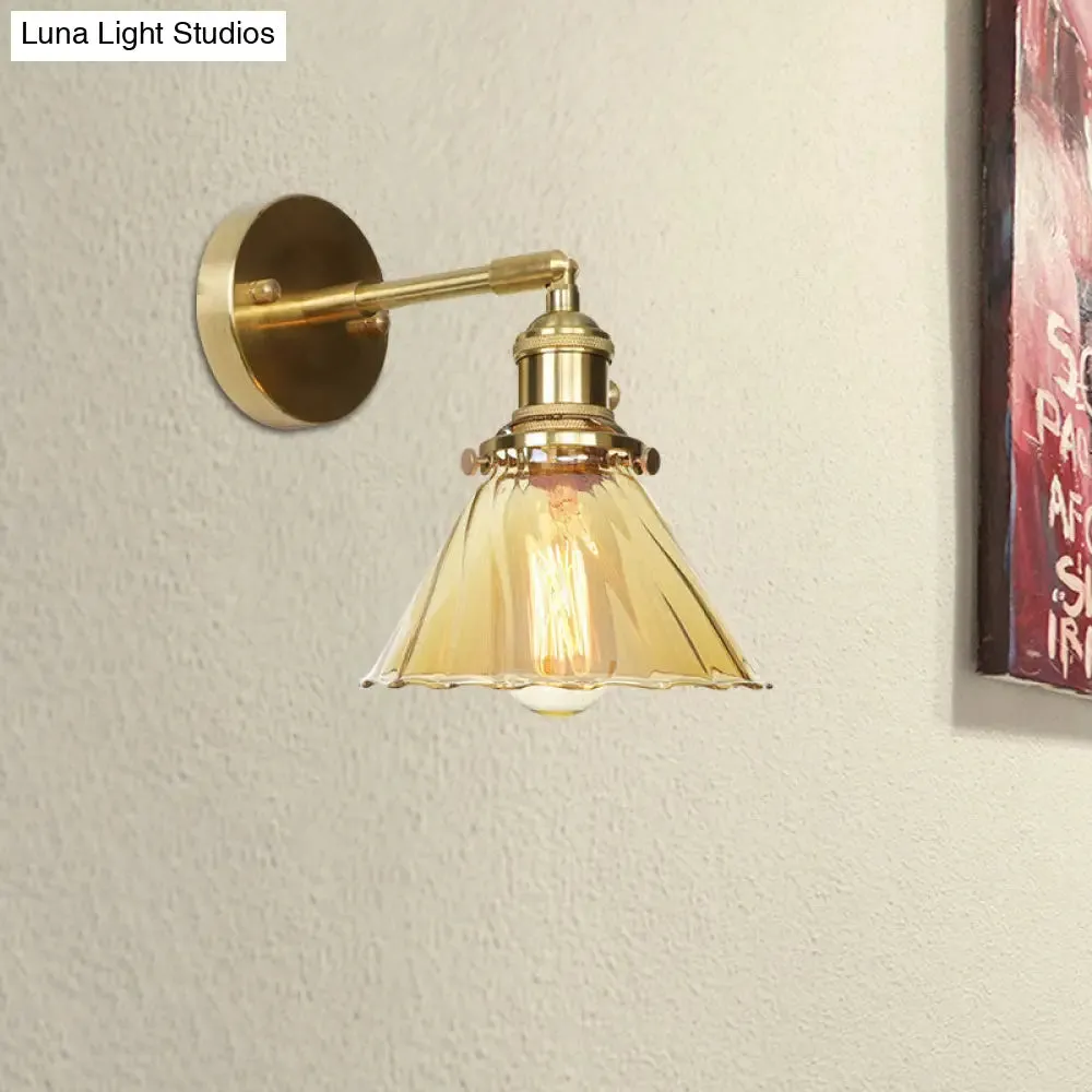 Adjustable Industrial Vintage Cone Wall Lamp with Amber Ruffle Glass - 1 Light Sconce