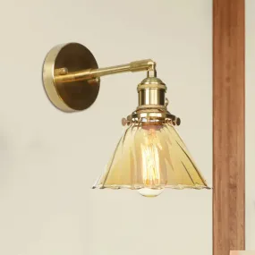 Adjustable Industrial Vintage Cone Wall Lamp with Amber Ruffle Glass - 1 Light Sconce