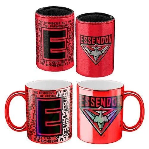 AFL Metallic Coffee Cup And Can Cooler Set - Essendon Bombers - Mug Stubby