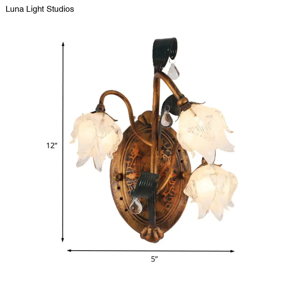 American 3-Head Metal Flower Wall Sconce Light Fixture in Brass, Ideal for Living Room