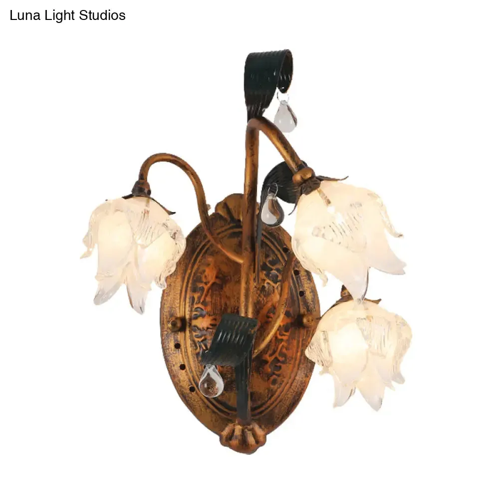 American 3-Head Metal Flower Wall Sconce Light Fixture in Brass, Ideal for Living Room