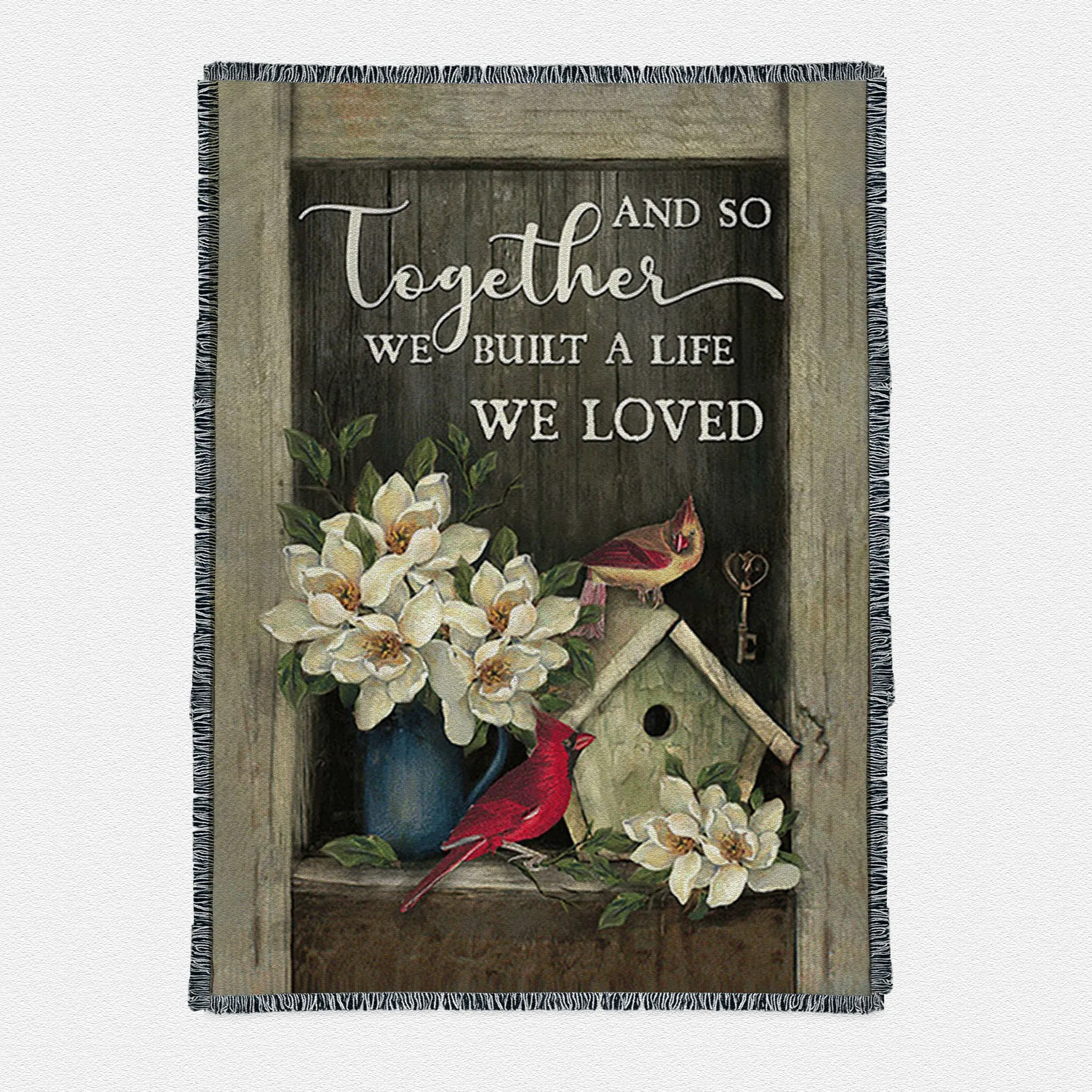 And So Together We Built A Life We Loved Birdhouse Cardinal Woven Throw Boho Blanket - Bible Verse Woven Throw Blanket Art - Christian Home Decor