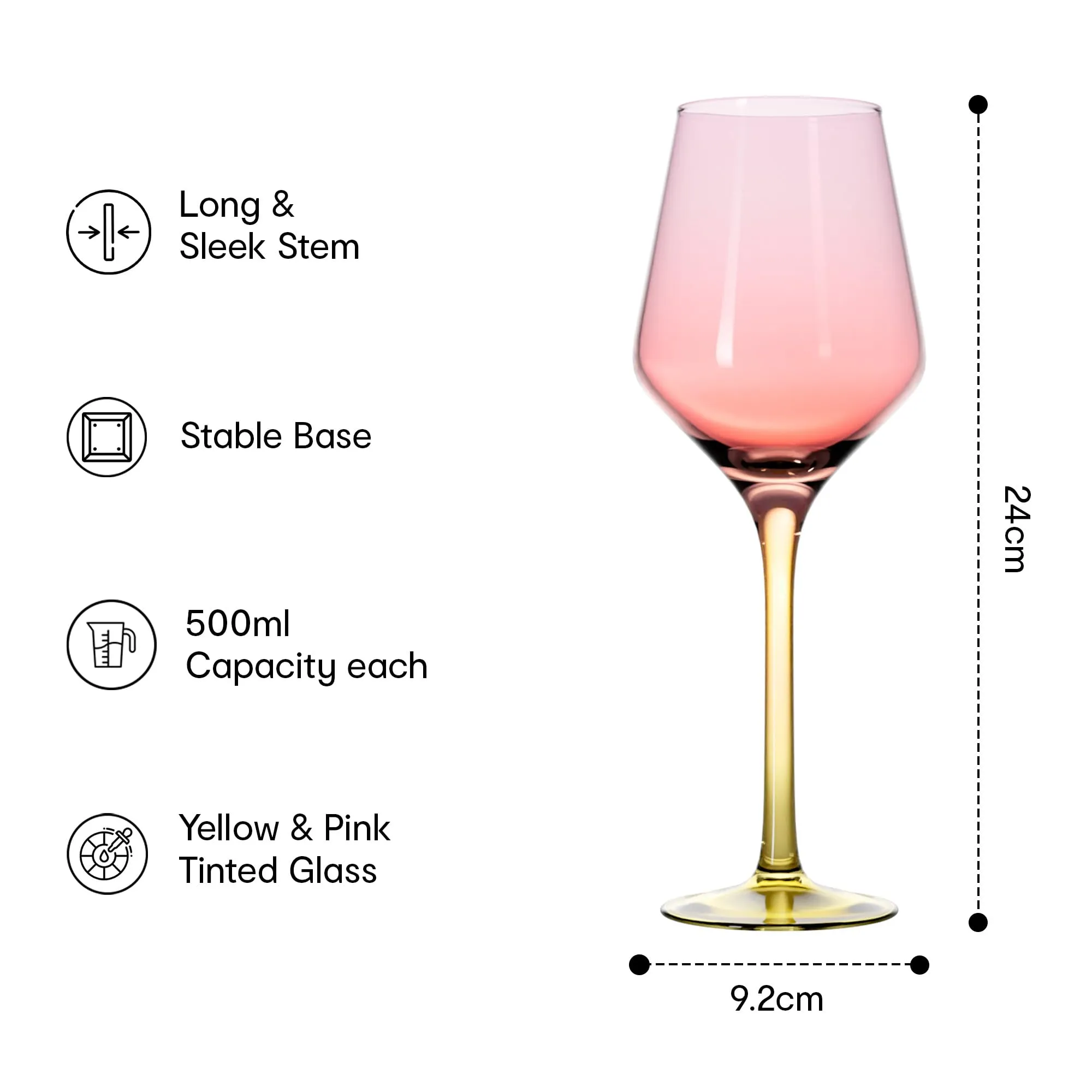 Anko Australia Dual Tone Wine Glasses Set of 4 | 500ml | Pink & Yellow Wine Glass Set For All Occassions | Bar Accessories For Home, Restaurants, Parties | Ideal Gifting Set | 100% Lead & Cadmium Free