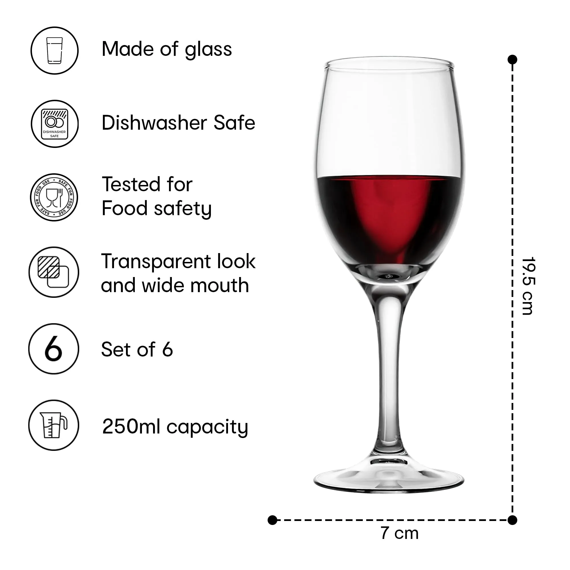 Anko Australia Wine Glasses Set of 6 | 250ml | Dishwasher Safe Wine Glass Set for All Occassions | Bar Accessories for Home, Restaurants, Parties | Ideal Gifting Set | 100% Lead & Cadmium Free