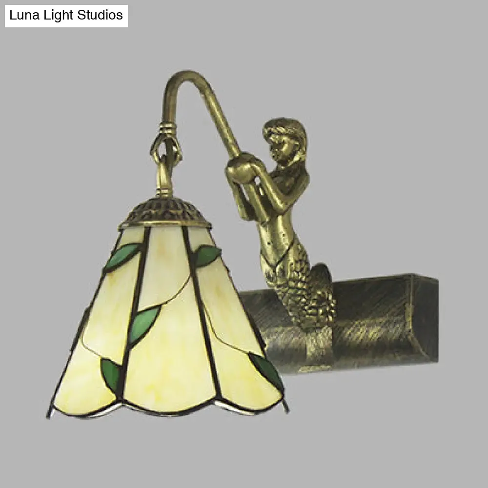 Antique Brass Tiffany Sconce Light with Cone Glass Shade for Bathroom Wall