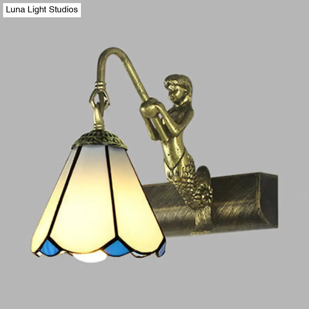 Antique Brass Tiffany Sconce Light with Cone Glass Shade for Bathroom Wall