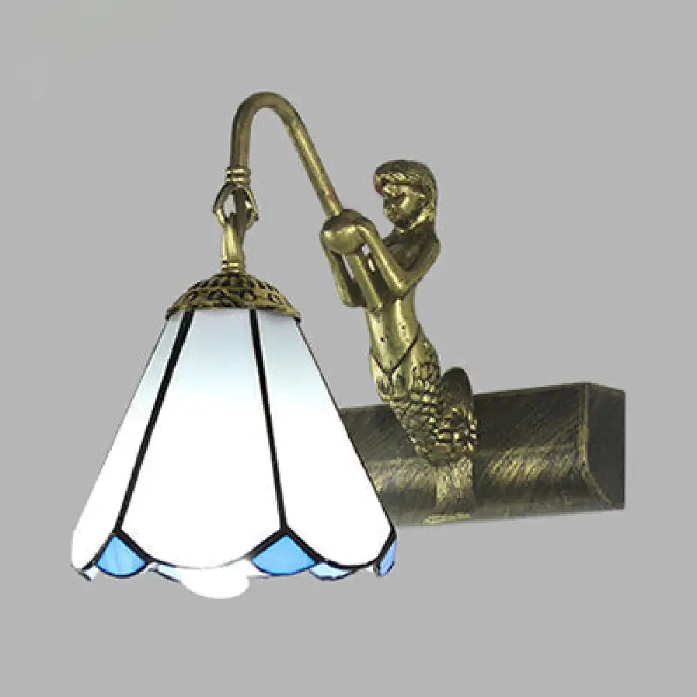 Antique Brass Tiffany Sconce Light with Cone Glass Shade for Bathroom Wall