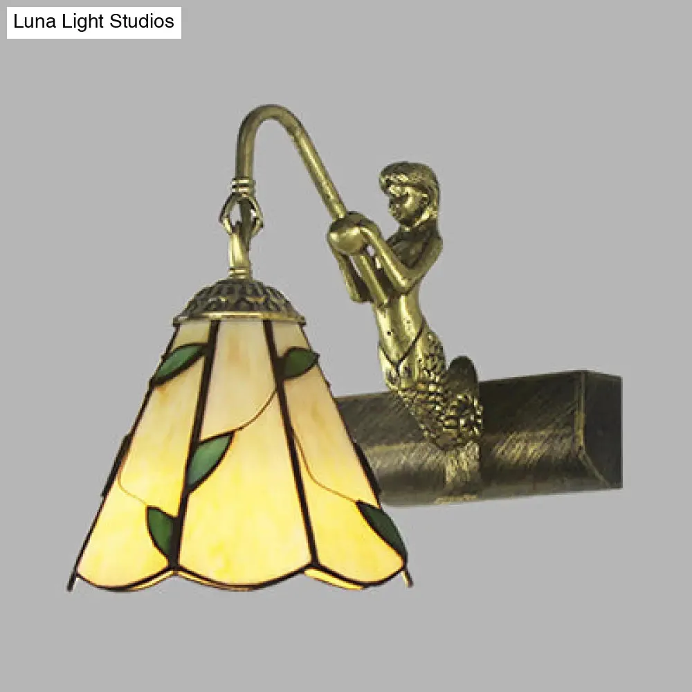 Antique Brass Tiffany Sconce Light with Cone Glass Shade for Bathroom Wall