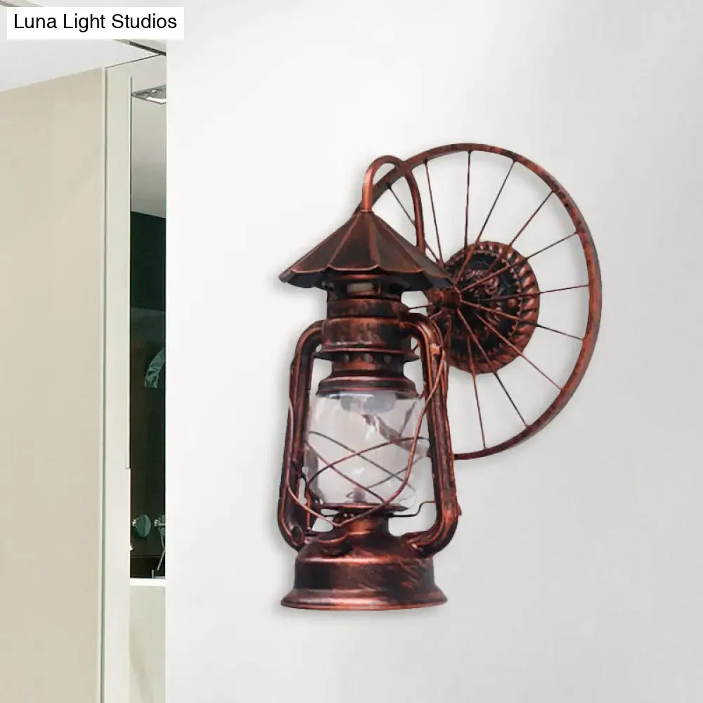 Antique Stylish Black/Bronze Finish Lantern Wall Sconce Light – Wrought Iron Wall Mounted Lamp with Wheel Decoration" 

(Note: The title has been shortened while retaining key descriptive elements and optimizing for SEO.)