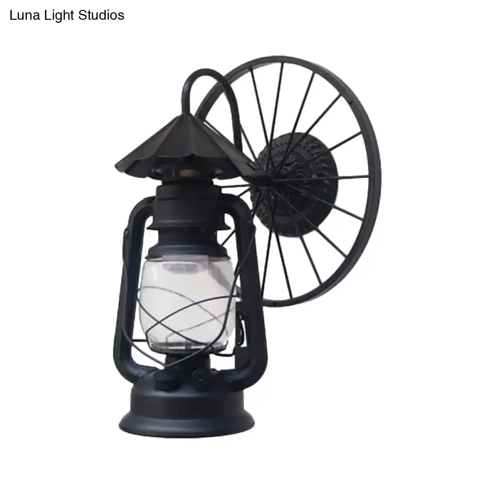 Antique Stylish Black/Bronze Finish Lantern Wall Sconce Light – Wrought Iron Wall Mounted Lamp with Wheel Decoration" 

(Note: The title has been shortened while retaining key descriptive elements and optimizing for SEO.)