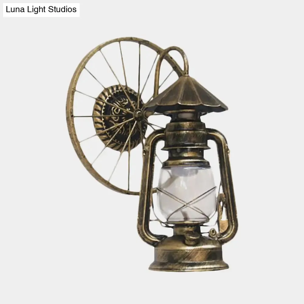 Antique Stylish Black/Bronze Finish Lantern Wall Sconce Light – Wrought Iron Wall Mounted Lamp with Wheel Decoration" 

(Note: The title has been shortened while retaining key descriptive elements and optimizing for SEO.)