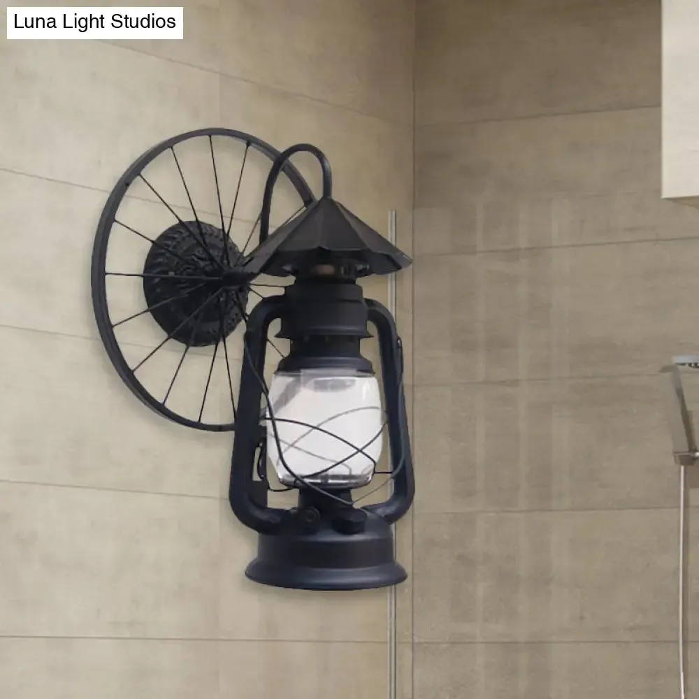 Antique Stylish Black/Bronze Finish Lantern Wall Sconce Light – Wrought Iron Wall Mounted Lamp with Wheel Decoration" 

(Note: The title has been shortened while retaining key descriptive elements and optimizing for SEO.)