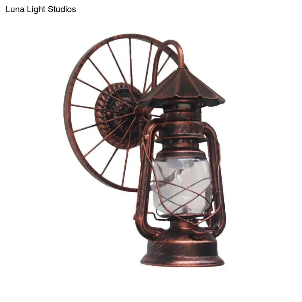 Antique Stylish Black/Bronze Finish Lantern Wall Sconce Light – Wrought Iron Wall Mounted Lamp with Wheel Decoration" 

(Note: The title has been shortened while retaining key descriptive elements and optimizing for SEO.)