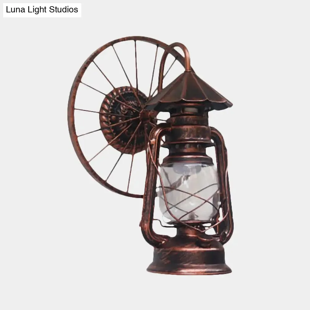 Antique Stylish Black/Bronze Finish Lantern Wall Sconce Light – Wrought Iron Wall Mounted Lamp with Wheel Decoration" 

(Note: The title has been shortened while retaining key descriptive elements and optimizing for SEO.)