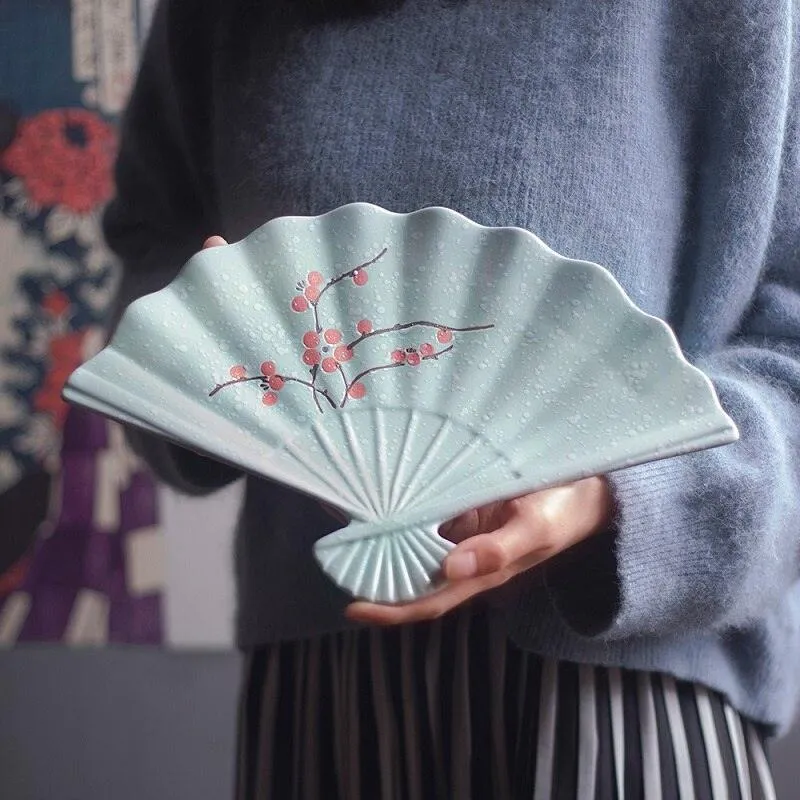 Artistic Japanese Fan-Shaped Ceramic Serving Plate - Sophisticated Tableware for Fine Dining