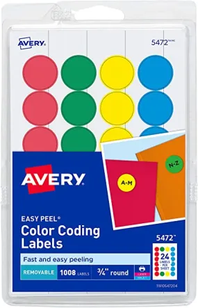 Avery Removable Color-Coding Labels, Removable Adhesive, Assorted Colors, 3/4" Diameter, 1,008 Labels (AVE 5472)