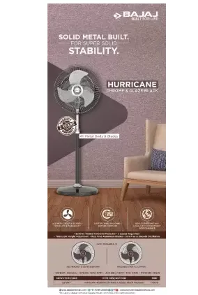 BAJAJ HUURICANE 450 mm 3 Blade Pedestal Fan  (BLACK, CHROME, RED, BROWN)