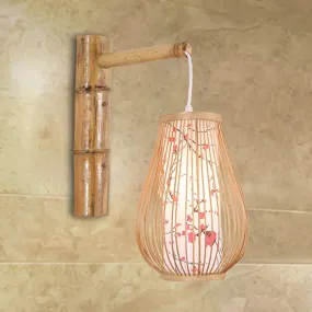 Bamboo Teardrop Sconce: Asian-Inspired Indoor Beige Wall Lamp with Inner Cylindrical Shade