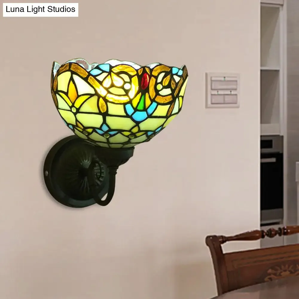 Baroque Bowl Sconce Light Fixture - Yellow/Blue Glass Wall Mounted Light with Flower Pattern