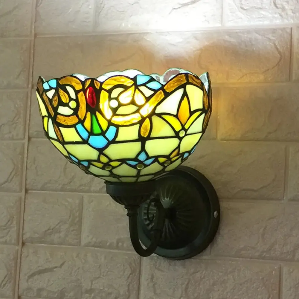 Baroque Bowl Sconce Light Fixture - Yellow/Blue Glass Wall Mounted Light with Flower Pattern