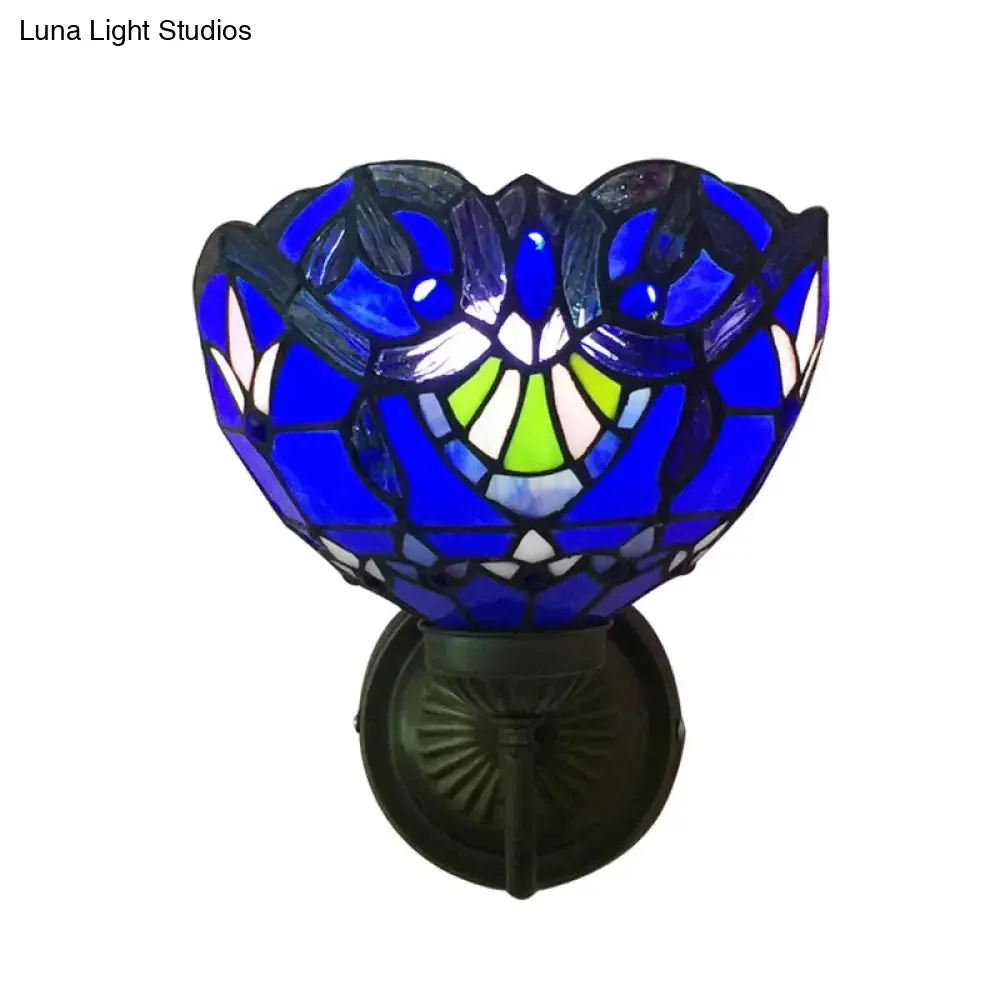 Baroque Bowl Sconce Light Fixture - Yellow/Blue Glass Wall Mounted Light with Flower Pattern