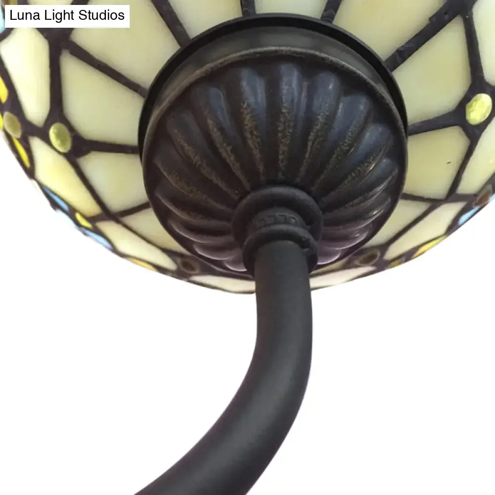 Baroque Bowl Sconce Light Fixture - Yellow/Blue Glass Wall Mounted Light with Flower Pattern