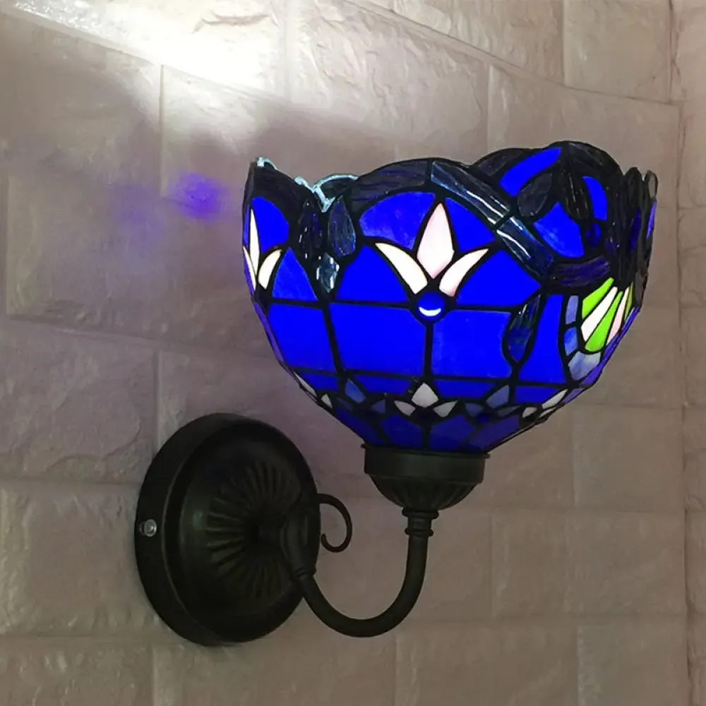 Baroque Bowl Sconce Light Fixture - Yellow/Blue Glass Wall Mounted Light with Flower Pattern