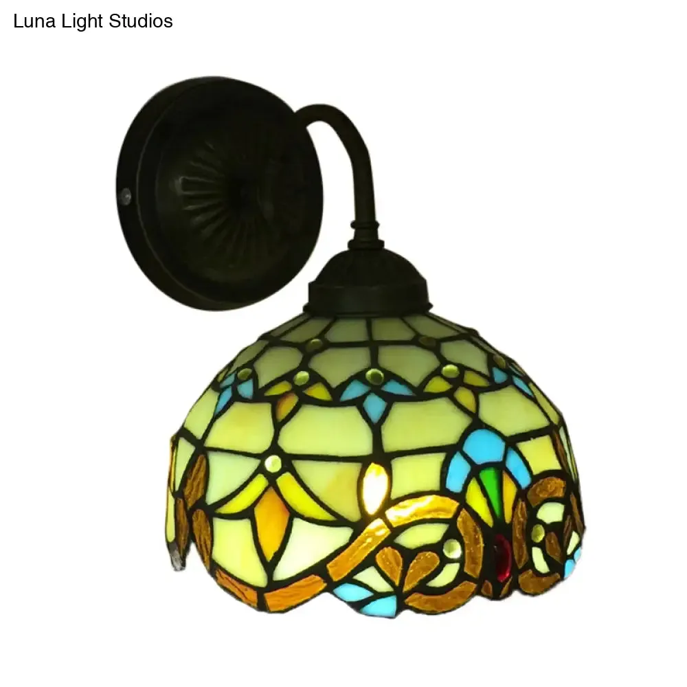 Baroque Bowl Sconce Light Fixture - Yellow/Blue Glass Wall Mounted Light with Flower Pattern